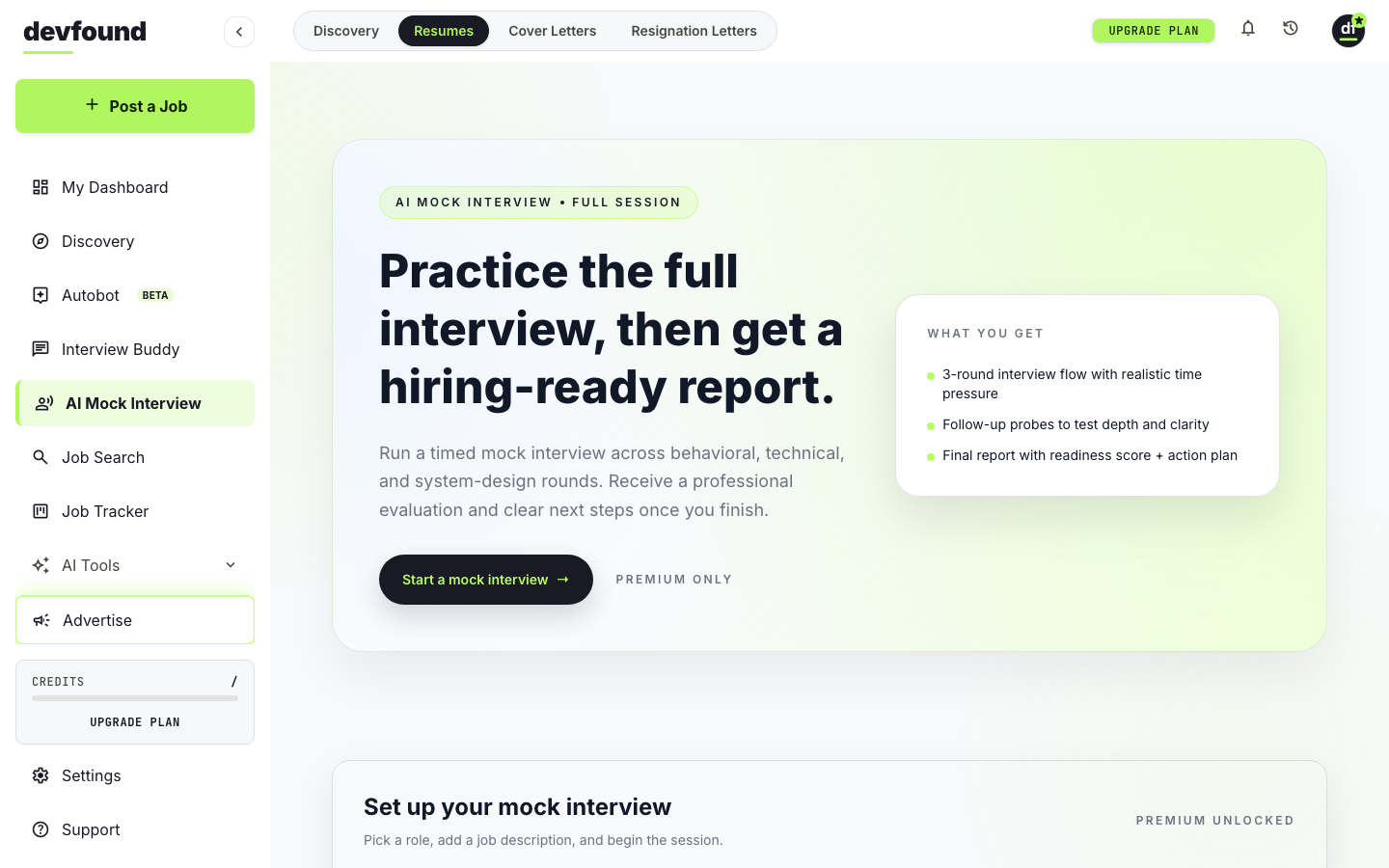 devfound AI Mock Interview dashboard