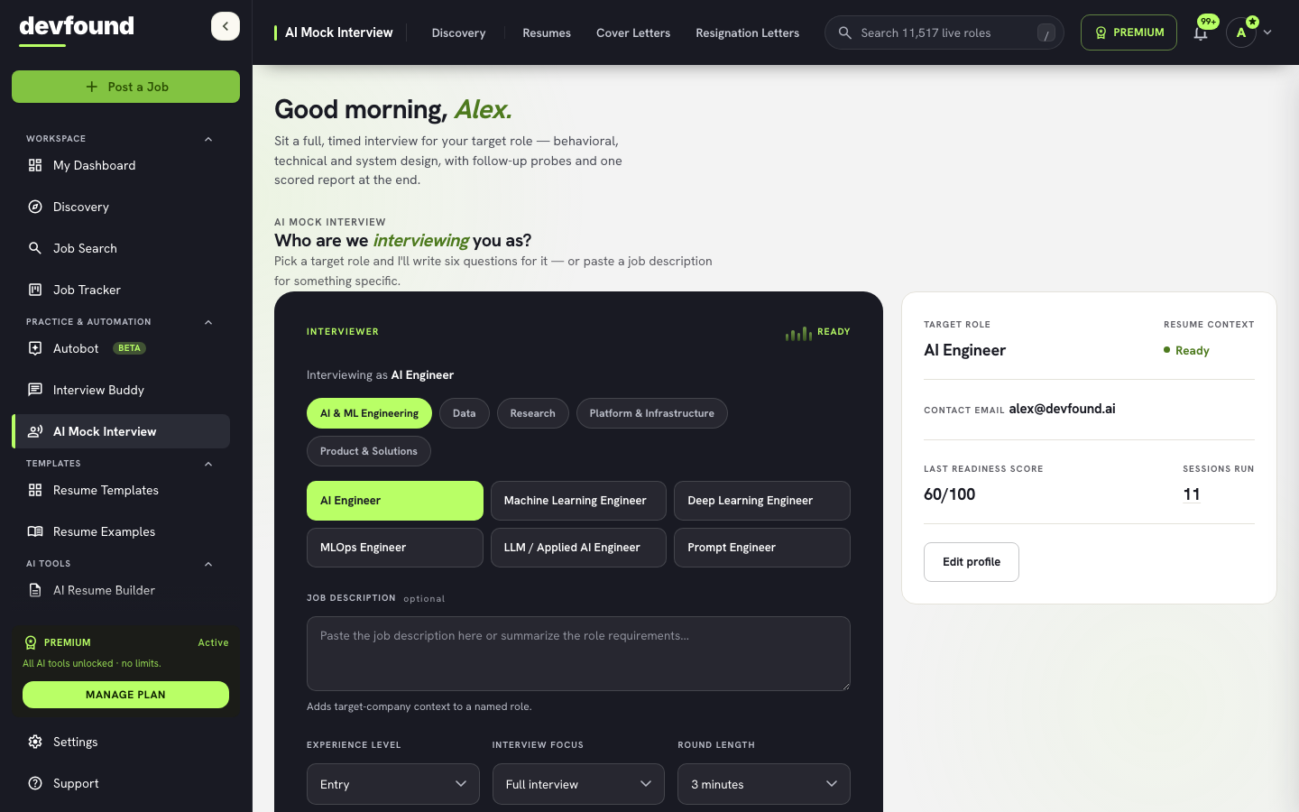 devfound AI Mock Interview dashboard
