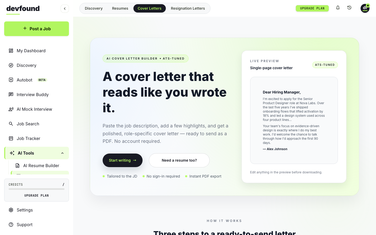devfound AI Cover Letter builder dashboard