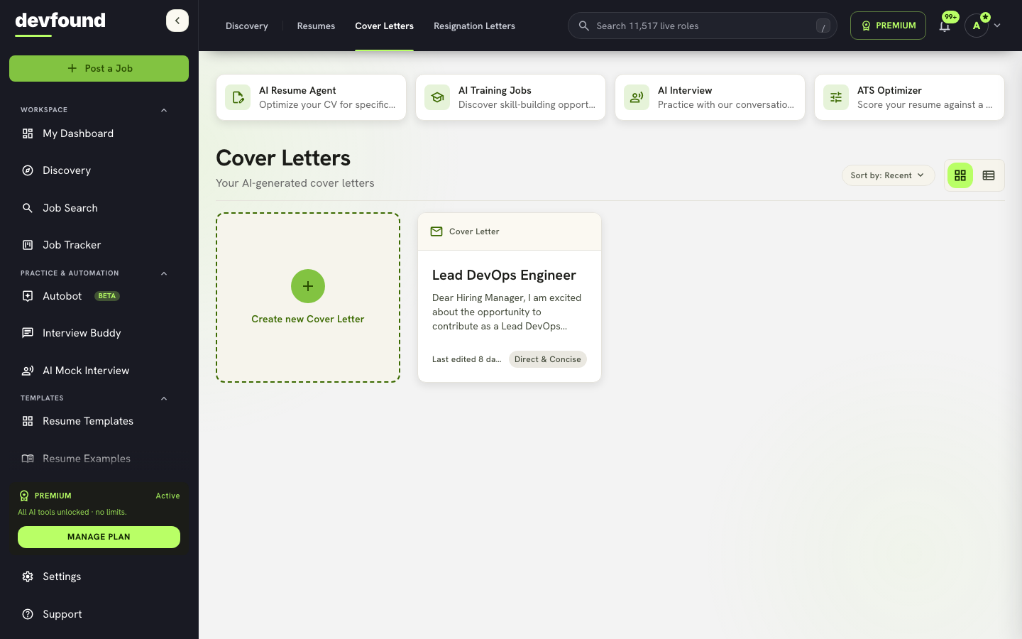 devfound AI Cover Letter builder dashboard