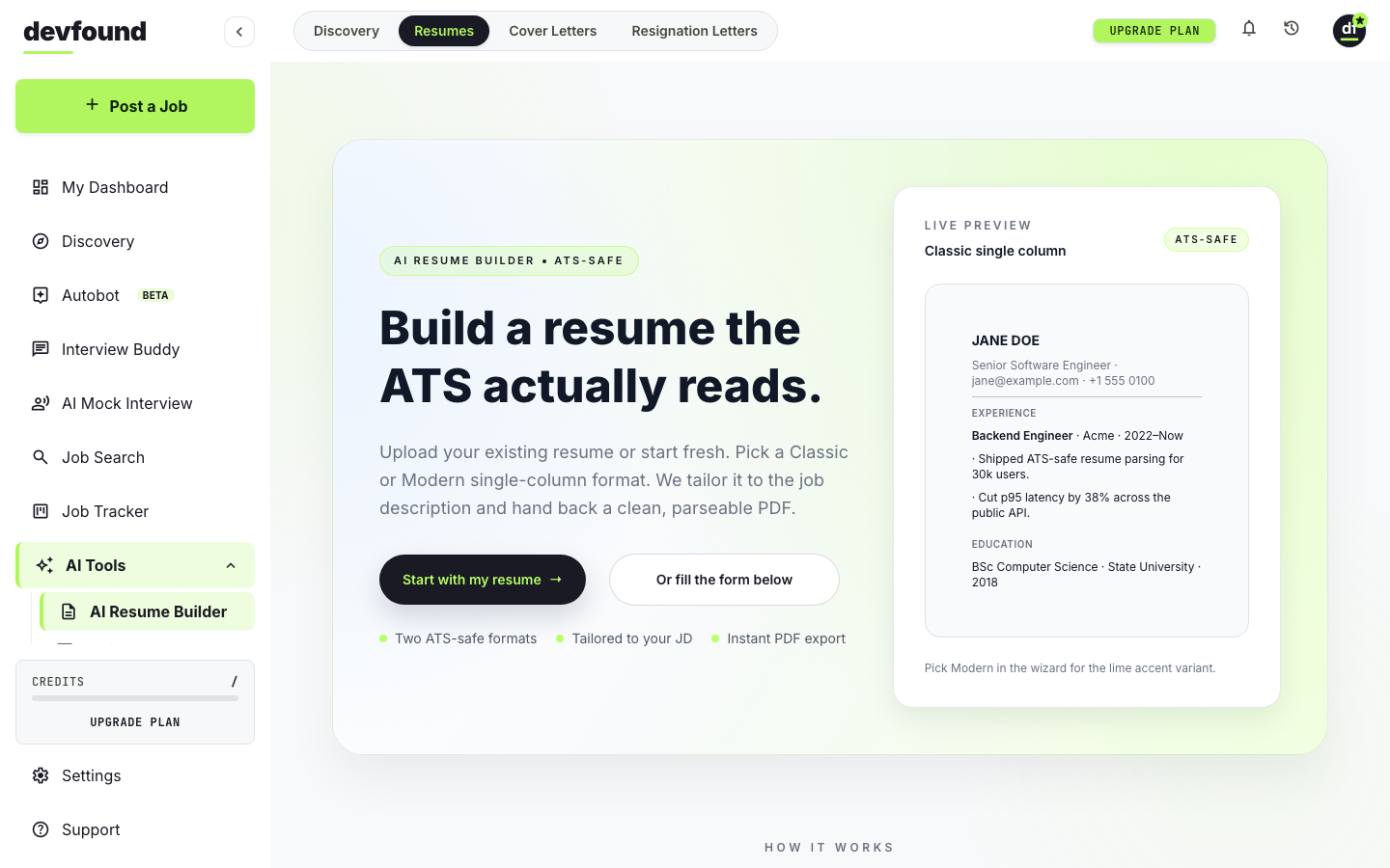 devfound AI Resume Builder dashboard with a live resume preview