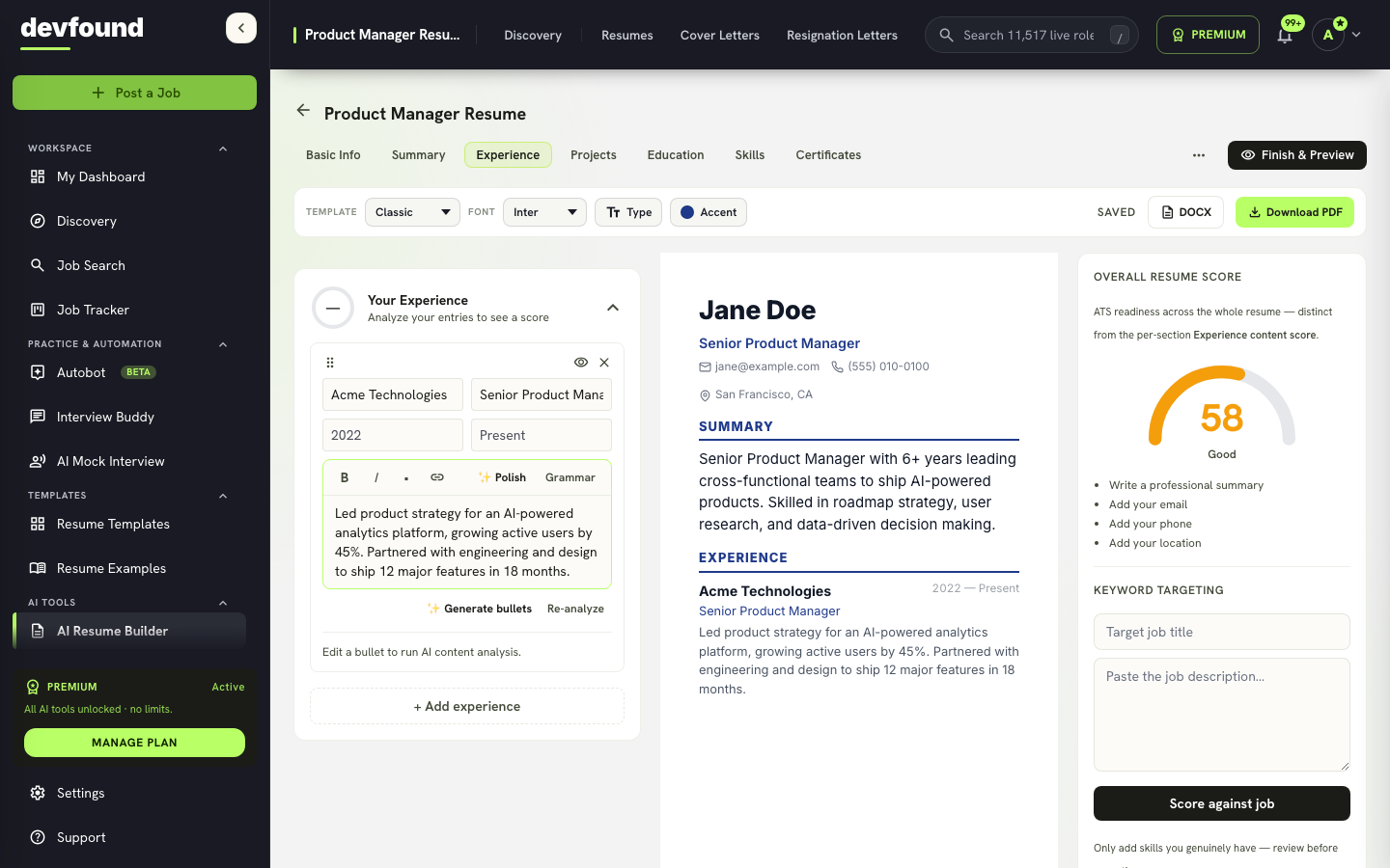 devfound AI Resume Builder dashboard with a live resume preview