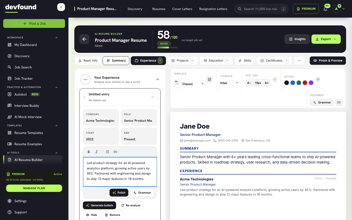 devfound AI Resume Builder dashboard with a live resume preview
