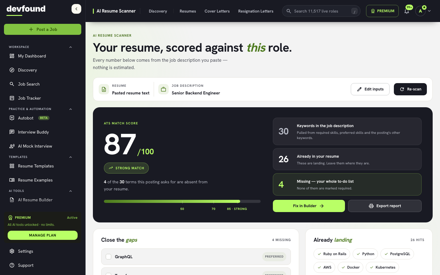 devfound AI Resume Scanner dashboard scoring a resume