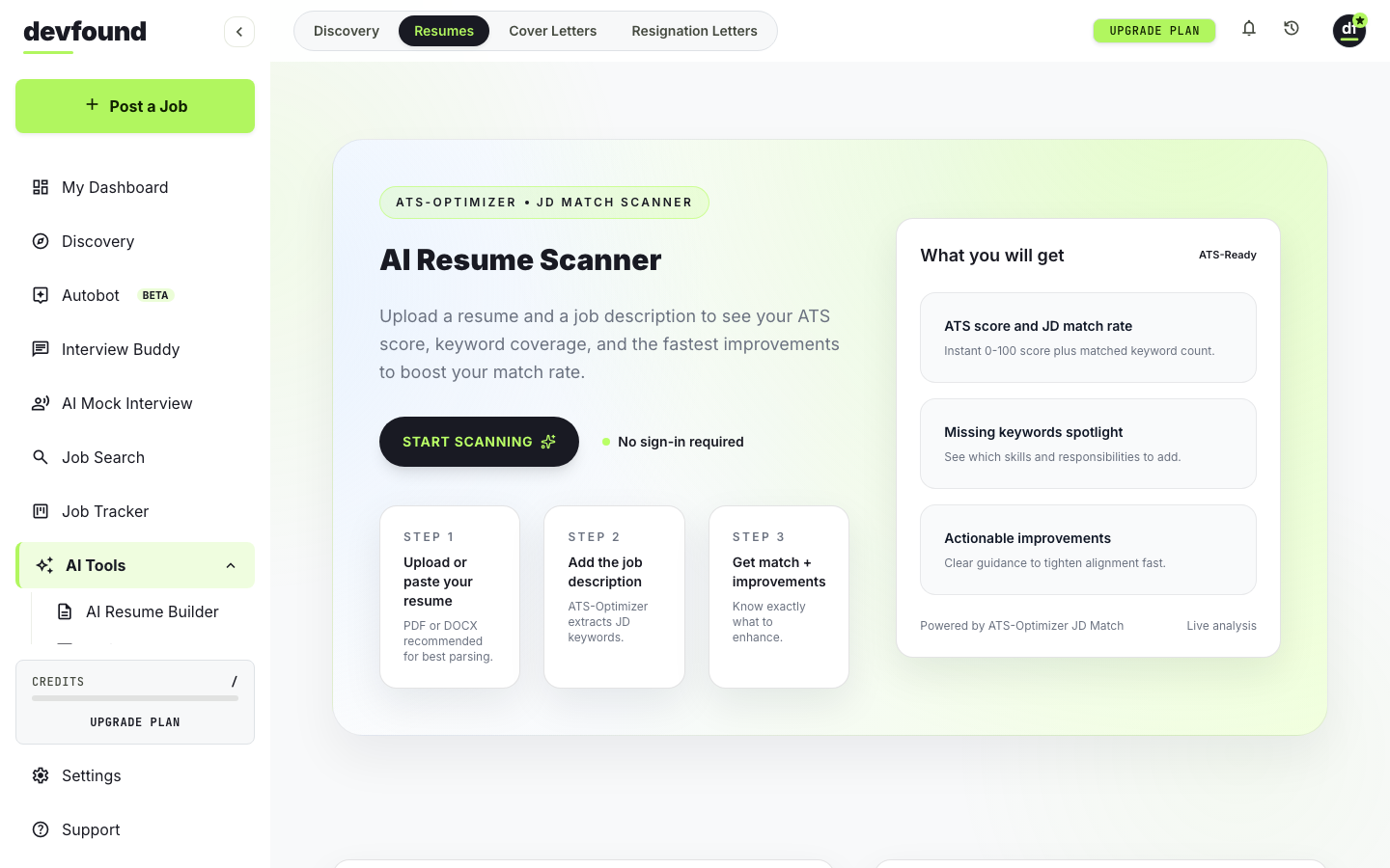 devfound AI Resume Scanner dashboard scoring a resume