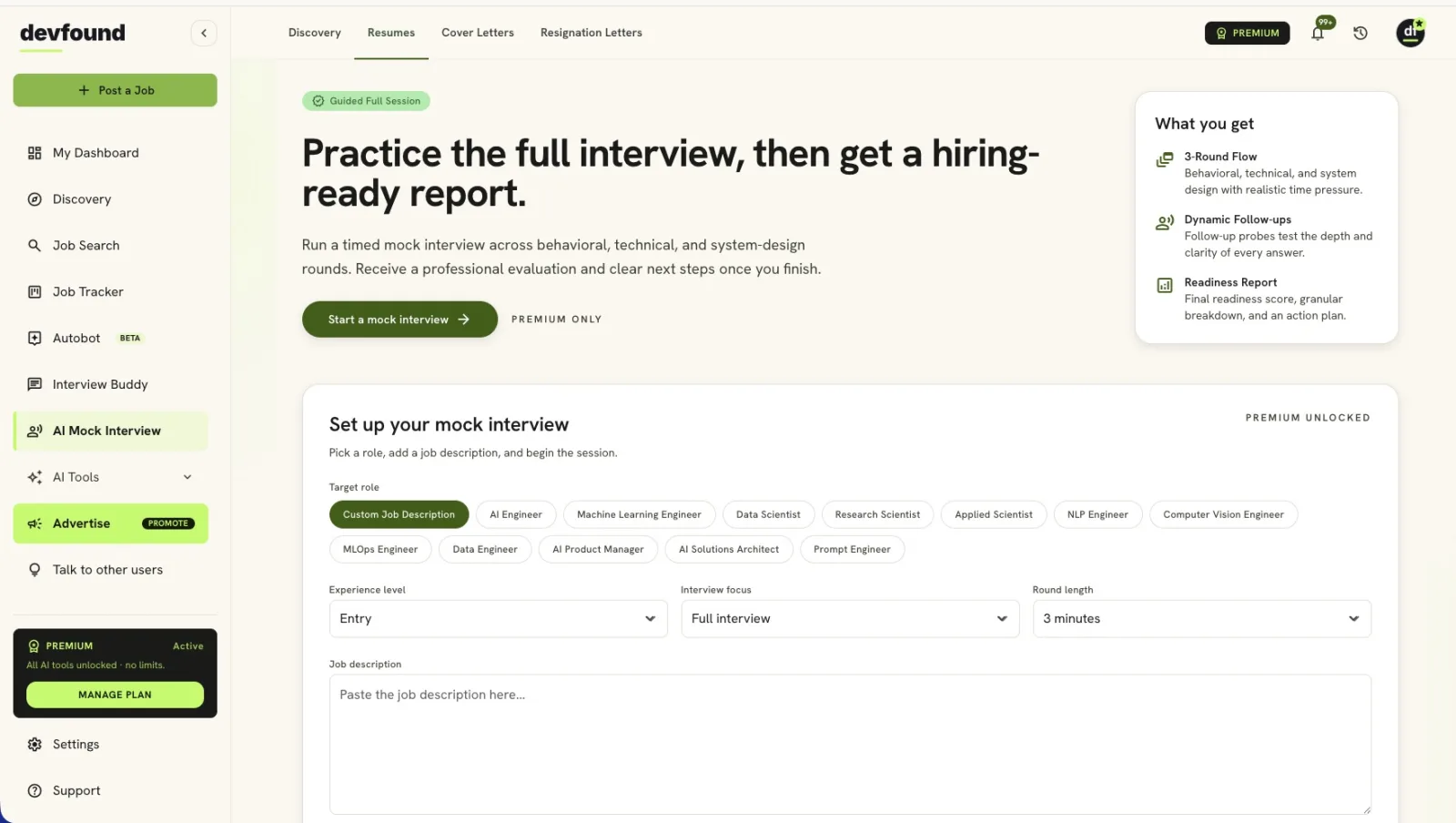 The devfound AI mock interview: pick a role and job description to run a timed interview and get a hiring-ready report.
