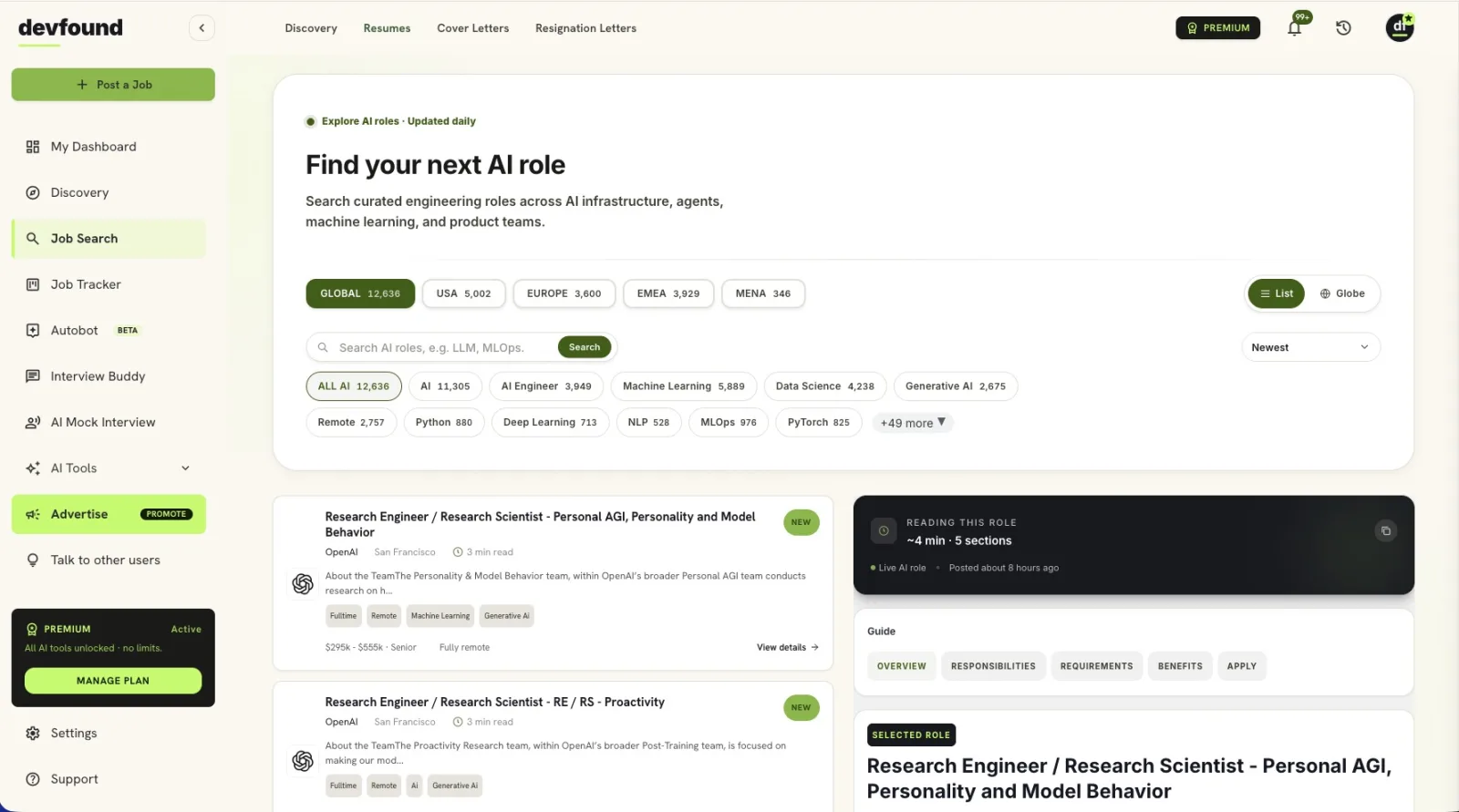 The devfound AI/ML job board showing thousands of live roles with search, filters, and per-role details.