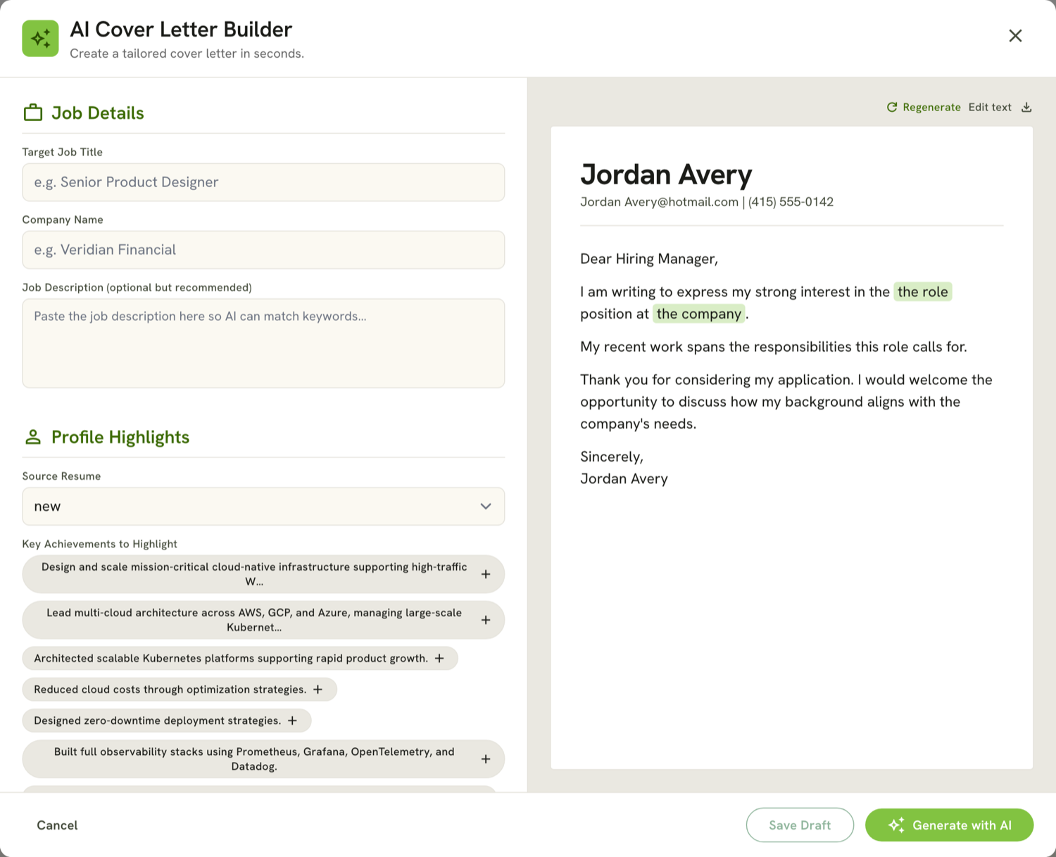 AI cover letter builder interface