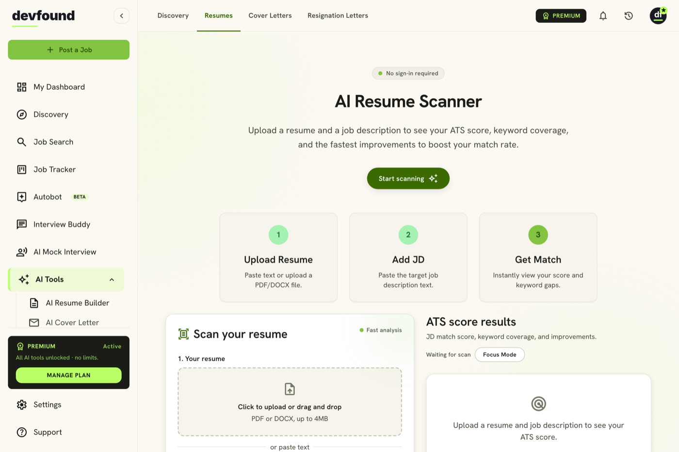 Resume builder keyword match panel
